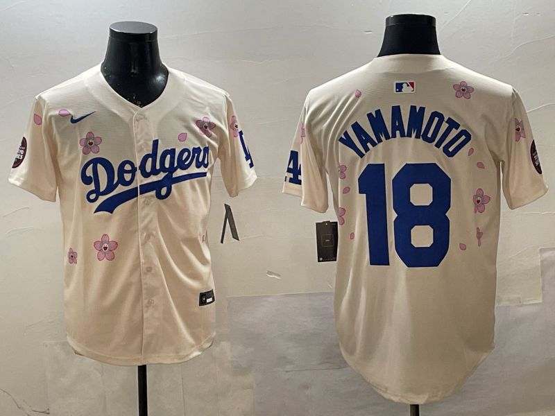 Men Los Angeles Dodgers 18 Yamamoto Cream Sakura Edition 2025 Nike MLB Jersey style 18